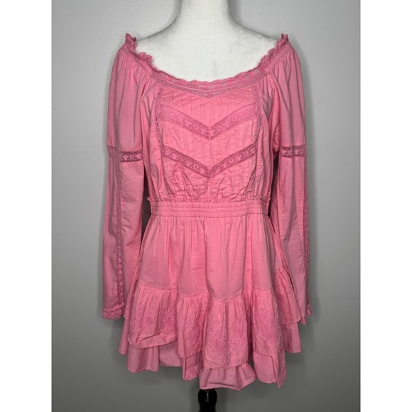 LoveShackFancy Sanaya Dress XL Vivid Pink Long‎ Sleeve Ruffle Tiered Lace Trim - Picture 6 of 16